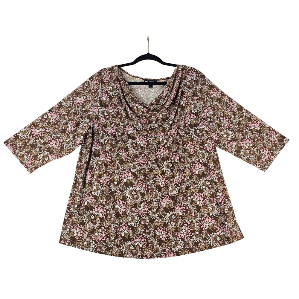I.N. Studio Cowl Neck Blouse Women 2X Brown Pink Floral 3/4 Sleeve Stretch Top